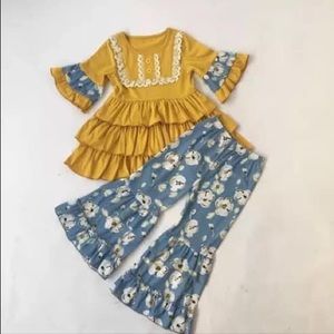 Mustard Floral Ruffle Bell Bottom Pant Set